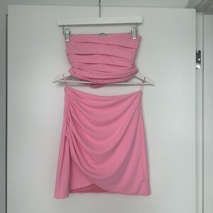 Bubble gum pink Zara crop tube top and mini skirt
